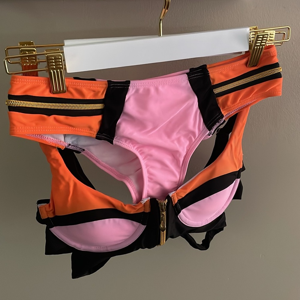 NWT colorblock baby pink orange black zipper scrunch low rise underwire bikini